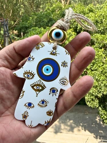 Image of Handcrafted Evil Eye Hamsa Hanging for Home Entrance Decor | Turkish Nazar Protection Wall Hanging | Ceramic Hand of Fatima Ornament with Jute Rope | Housewarming Gift for Home & Office