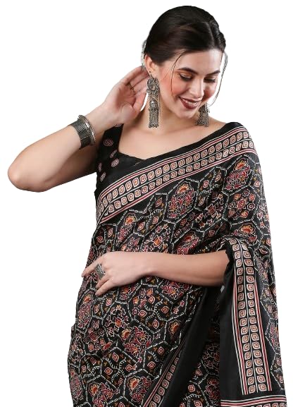 Image of SAREE MALL Women's Ajrak Block Print Dola Silk Saree With Unstitched Blouse Piece