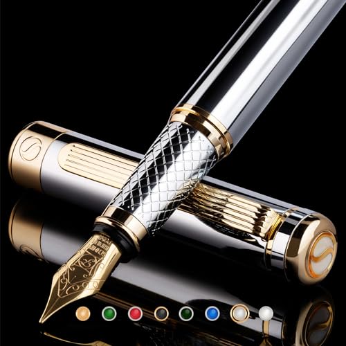 Image of Scriveiner Chrome Fountain Pen - Stunning Award-Winning Luxury Pen, Schmidt Nib (Fine), Best Pen Gift Set for Men & Women, Professional, Executive, Office, Nice Pens