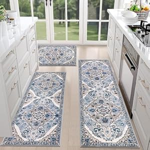 HEBE Farmhouse Kitchen Rugs Sets of 3 Non Slip Washable Boho Kitchen Rugs and Mats for Floor Kitchen Runner Rug Floor Carpet for Kitchen, Laundry, Hallways