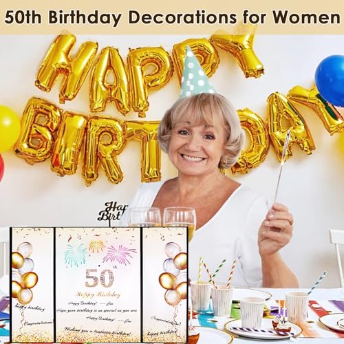 50th Birthday Decorations for Men Women - Sparkling Firework Lights & Music Cheers to 50 Years Guest Book Card, Happy Birthday Decor Party Favors Banner, 50th Gifts Black and Gold Birthday Decoration — view 6