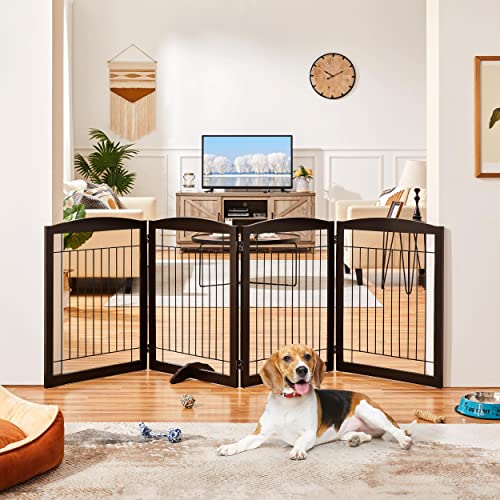 Image of Yaheetech 32 inchH 4-Panel Extra Wide Freestanding Dog Gate For Stairs Doorways | Sturdy Construction, Durable Support Feet, Tool-Free Setup, Fold Flat Barrier Ideal for Small /Medium Dogs, Espresso