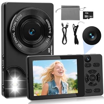 HERBYD Fotocamera Digitale 4K 64MP con Doppia Fotocamera Frontale e Posteriore, Fotocamera Compatta per Vlogging, Schermo LCD 2,8 Pollici, Zoom Digitale 18X, 32GB SD Card per Bambini, Adolescenti