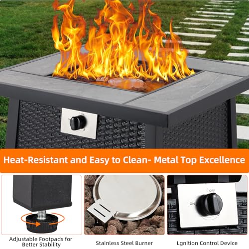 28 Inch Propane Fire Pit, CSA-Listed Outdoor Gas Fire Pit, 50,000 BTU Steel Fire Table with Lid and Lava Rock, Gas Fire Pits for Patio, Stainless Steel Burner Head for Warmth Ambiance Black