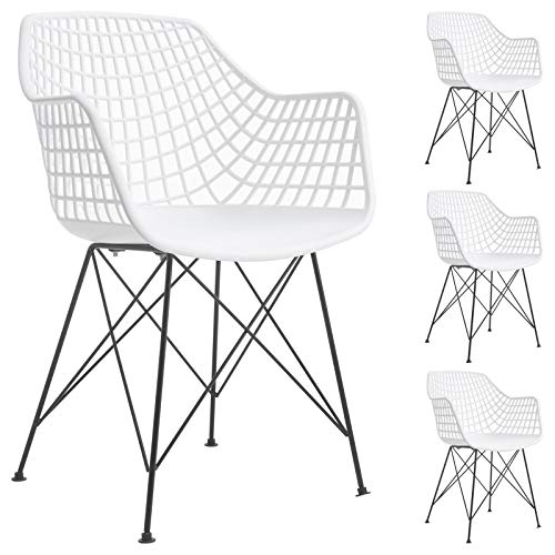 IDIMEX Lot de 4 chaises Alicante pour Salle à Manger ou Cuisine au Design Retro avec accoudoirs, Coque en Plastique Blanc et 4 Pieds croisé en métal laqué Noir
