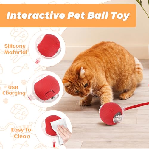 Farerkass Interaktives Hundespielzeug Ball, Katzenspielzeug, Elektrischer Hundeball Spielzeug, 360° Smart Rolling Pet Ball für Katzen und Welpe (Rot)