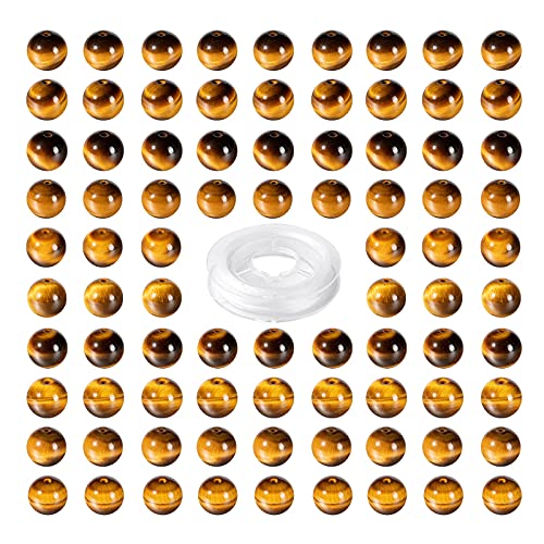 BEEFLYING 100 Pcs 8mm Natural Tiger Eye Beads Round Gemstone Beads Polished Stone Beads for DIY Stretch Bracelets Kits Making