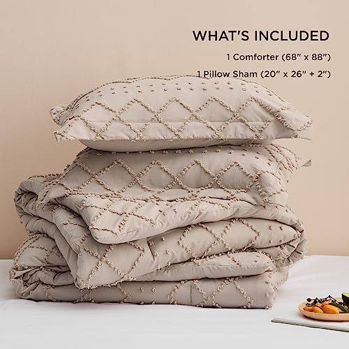Image of Bedsure Twin Comforter Set - Warm Tan Comforter, Boho Tufted Distressed Vintage Bedding for Kids, 2 Pieces Farmhouse-Style Bed Set for All Seasons, Fluffy Soft Bedding with 1 Pillow Sham