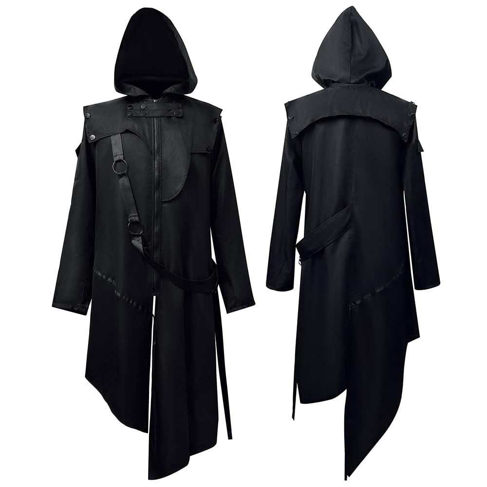 Feynman Chaqueta gótica para hombre, estilo vintage frack steampunk, victoriano de longitud media, punk chaqueta de carnaval cosplay, chaqueta con capucha