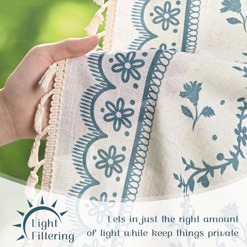 Image of Yinhua 2 Pack Boho Valance Curtains Vintage Linen Kitchen Valances for Windows Light Filtering Bohemian Floral Valance Rod Pocket Tassel Window Valances for Bathroom Cafe, 52 inch W X 18 inch L, White Blue
