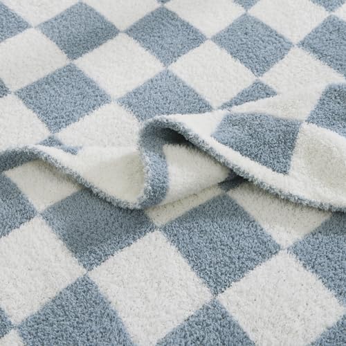 WRENSONGE Checkered Throw Blanket, Grey Blue Soft Cozy Fluffy Warm Hand Made Throw Blankets for Couch, Sofa, Chair, Bed, Camping, Picnic, Travel Lightweight Bed Blanket - 60"*80"