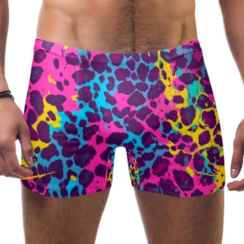 Mens Colored Leopard Print-1448 Jammer Swimsuit Elastic Waistband Short Boxer Swimsuit Board Shorts, XXL,