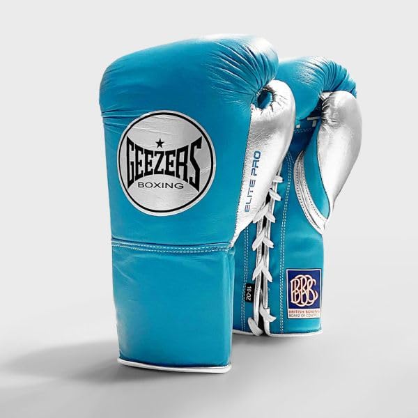 Geezers Boxing Elite Pro Special Edition Mens, Womens Fight Boxing gloves, Approved by the BBBofC for all professional fights. (Aqua/Silver, 8oz) — image 1