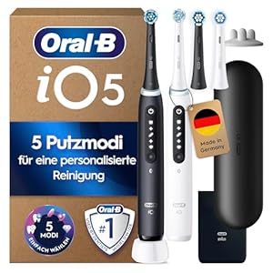 Oral-B iO Series 5 Plus Edition Elektrische Zahnbürste, Doppelpack — Electric Toothbrush, Inkl. 4 Aufsteckbürsten, 5 Putzmodi für Zahnpflege, Reise-Etui — Designed by Braun, Schwarz/Weiß
