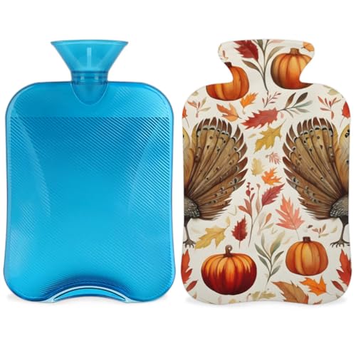 Hot Water Bottle with Soft Cover,2L Maple Leaf Pumpkin Hot Water Bag for Hot and Cold Compress, Hand Feet Warmer, Rubber Hot or Cold Water Bottle Halloween Christmas Decorations