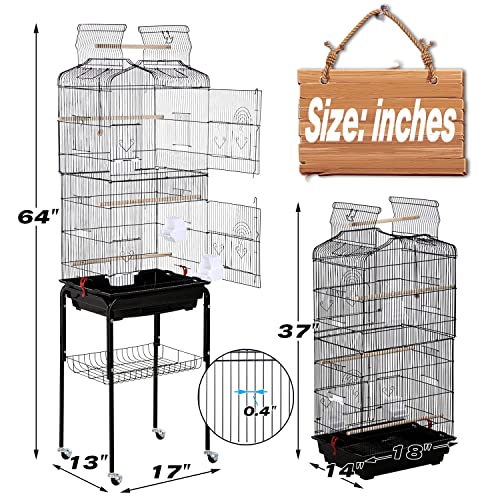 Hcy Bird Cage Parakeet 64 Inch Open Top Standing Parrot Accessories With Rolling Stand For Medium Small Cockatiel Canary Conure Finches Budgie Lovebirds Pet Storage Shelf, Black, 64X13X17 (Pack Of 1) #TOP6