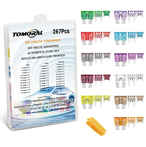 TOMORAL 267Pcs Low Profile Mini Fuses with Standard Fuse & Mini Fuse for Car Replacement Fuses, Automotive Assortment Kit 2/3/5/7.5A/10/15/20/25/30/35/40A Truck Camper RV