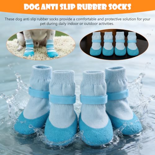 Image of Qpets 4Pcs Non-Slip Dog Socks, Rubber Dog Shoes Waterproof Pet Paw Protector Shoes with Soft Knit Upper & Durable Grip Sole, Adjustable Strap Pet Booties for Dogs Cat Indoor Outdoor Walking M 4-6.5KG