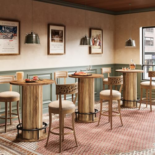 Image of Tribesigns Round Dining Table, Bar Height Commercial Kitchen Table with Wood Strip Base and Footrest, for Dining Room, Restaurant, Cafe, Bakery, School, Apartment, Brown (Only Table)