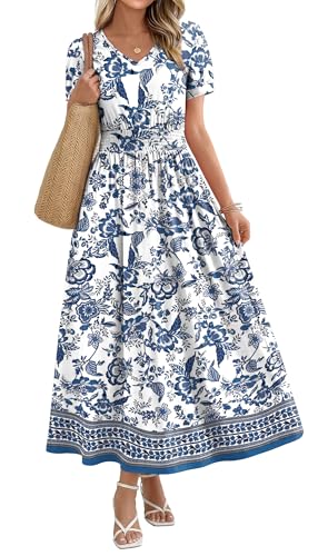 OFEEFAN Boho Maxi Dress for Women Floral Ladies Summer Midi Sundresses Long Hawaiian Dresses Spring Beach Vacation Outfits Fashion Clothing 2026 Trendy Resort Wear A Line Flowy Western Light Blue L