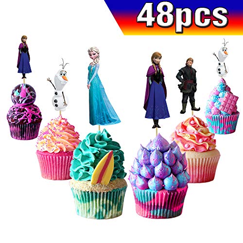 Decoraciones para cupcakes de Frozen, 48 piezas, suministros para fiesta de cumpleaños de Frozen, decoraciones para fanáticos de Frozen, fiesta de cumpleaños de niños, fiesta de princesas de nieve