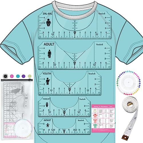 Vowlove Upgraded T-Shirt Alignment Ruler Set with Pocket Line & Age-Based Icons, Precise Center/Left-Chest Placement Tool for Shirt Making, Cricut Accessories, Heat Press, HTV, Vinyl, DTF, Sublimation
