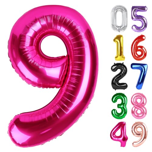 Image of Hot Pink Number 9 Balloon 40 Inch, 9th Birthday Party Decorations, Giant 9 Foil Balloon for Party Supplies