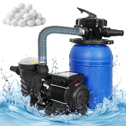 KioGro 10in Sand Filter Pump for Above Ground Pool with 400g Cotton Balls, 2641GPH, 0.35 HP Pump System for Pools Up to 11835 GAL, 250W Sand Filter with 6-Way Multi-Port Valve, Blue