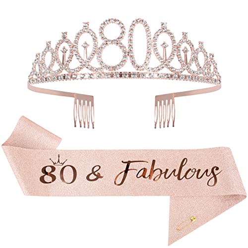 Mikccer Rose Gold 80th Birthday Sash and 80 Birthday Tiara, Rhinestone Crown Headband for 80th Birthday Gifts, 80th Birthday Decoration Party Accessories for Girls