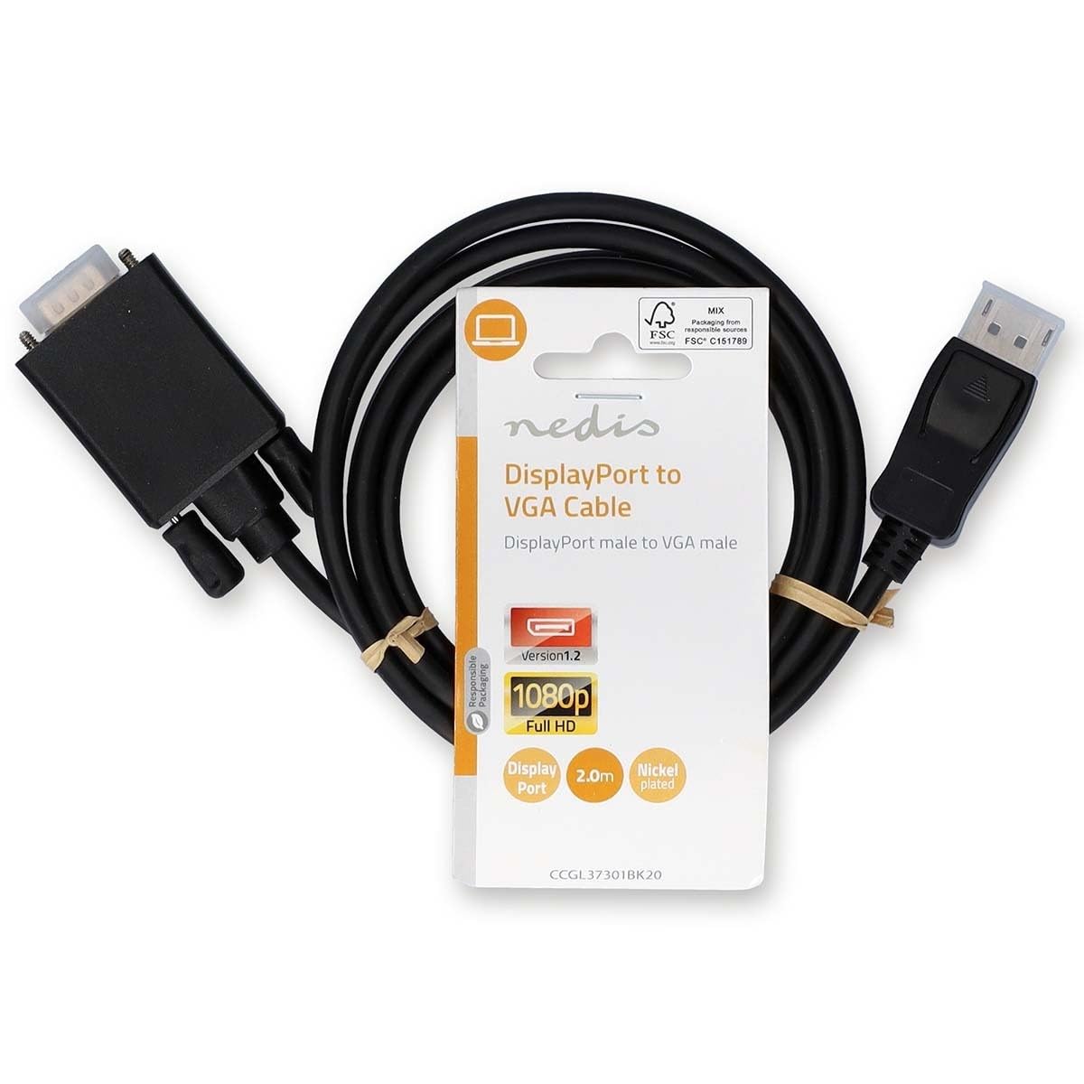 NEDIS VGA Cable | DisplayPort Male | VGA Male | Nickel Plated | Maximum Resolution: 1080p | 2.00 m | Round | PVC | Black | Plastic Bag