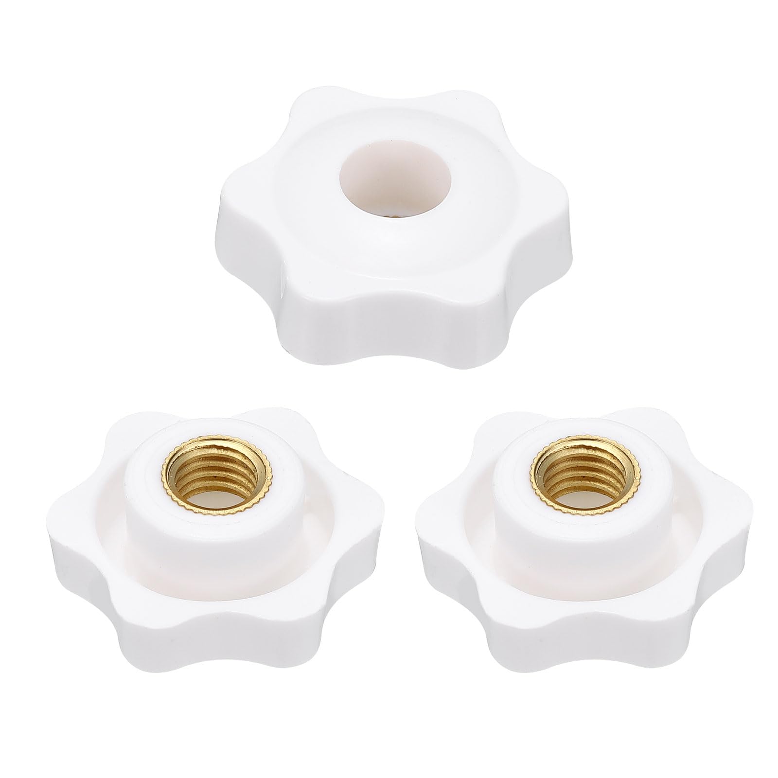sourcing map 3pcs Star Clamping Nuts M10 Female Thread 38mm 6-Point Plastic Head Brass Insert Through Hole Screw-in Threaded Knob Hand Tightening Clamping Handles, White