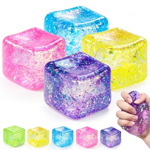 Image of 4pcs Squishy Cube Taba Squishy Kit Stress Cube for Adults,Glitter Squishy Slow Rising Fidget Cube Sensory for Anxiety Stress Relief High Density Ice Squeeze Ball Cubes