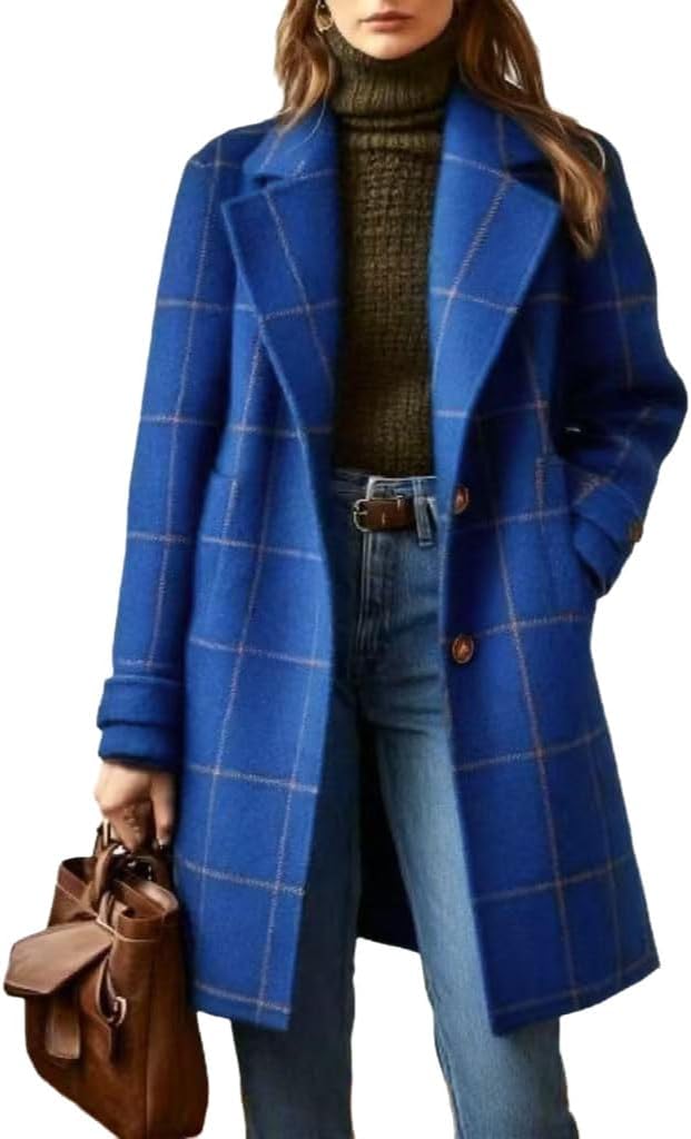 Women's Plaid Wool Blend Coat, Notched Lapel, Button Front, Long Sleeve, Mid-Length Overcoat