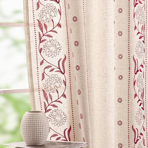 Image of jinchan Burgundy Linen Curtains for Living Room 63 inch Back Tab 2 Panels