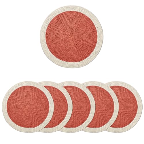 Image of Dining Table Mats Set of 6 | Cotton Table Mat 32 cm Diameter, Encasa XO Washable Round Table Mats, Heat Resistance Dining Table Placemats, Handmade Ribbed Style for Centre Table, Coral & Off White