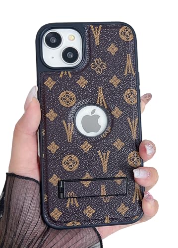 Dropcases Compatible with iPhone 14 Case Designer for Women Girls Luxury Leather Case Logo View with Metal Stand Shockproof Protective Phone Cover for iPhone 14-6.1”(Brown)