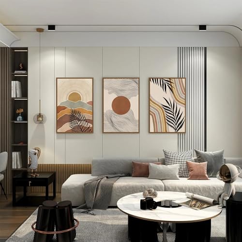 Tableaux abstraits modernes beige triptyque en toile bohème sans cadre