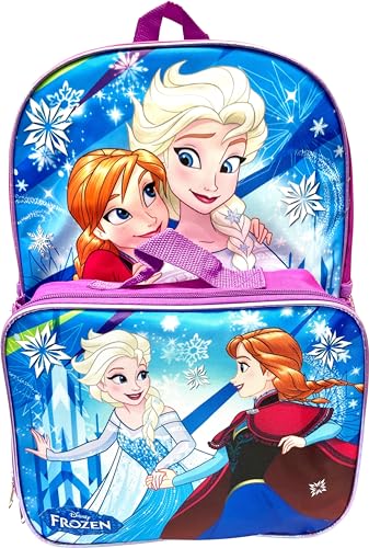 Group Ruz Mochila Frozen Anna, Elsa 16 com lancheira removível combinando, Roxo - azul, Large, Mochila com lancheira