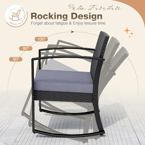 Image of Greesum 3 Pieces Outdoor Furniture Set Patio Bistro Rocking Chairs with Glass Coffee Table for Pool Beach Backyard Balcony Porch Deck Garden, Gray