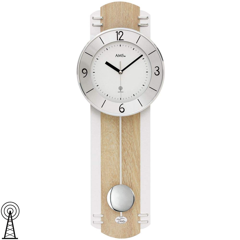 AMS 5291 Wanduhr Funk Funkwanduhr mit Pendel Pendeluhr Holz Sonoma Optik