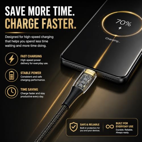 Image of USB-A to USB-C 120W Fast Charging Cable, 2M Braided Nylon, Super Fast Charging & Data Sync, Transparent Smart Chip Design, Durable Tangle-Free Charger Cable Compatible with All Device