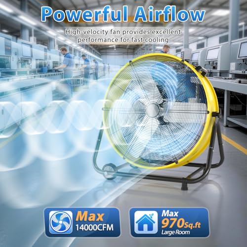 Image of LifePlus 30 inch Industrial Drum Fan, 14000 CFM High Velocity 3-Speed Heavy Duty Metal Air Circulator with 360 Tilt, Casters Handle for Warehouse Factory workshops Patios Garage, Yellow
