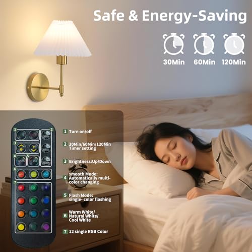 Image of Battery Operated Wall Sconces Set of 2, Gold Rechargeable Wall Lights with Remote, Dimmable Wall Lamp with Pleated Shade,15 Colors Wireless Bathroom Wall Sconce for Bedroom Living Room Hallway