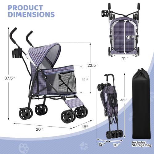Image of Magshion Compact Fold Pet Travel Stroller for Small Dogs Cats, Plaid | Up to 22lbs, 4-Wheel Lightweight Umbrella Shaped Design, Safety Tethers, Breathable Mesh, Cup Holder & Rear Storage