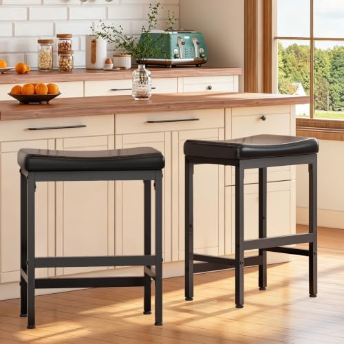Image of RALGEND Bar Stools Set of 2, Compact Counter Height Stools, 24 inch Saddle Barstools with Curved Surface, Kitchen Breakfast Stools with Footrest, Thick Upholstery, for Dinning Cafe, Black 6801BYP2BB