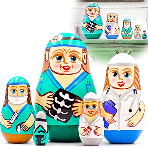 Juego de 5 muñecas de anidación de doctor y enfermera, matrioska temática médica, regalos divertidos para enfermeras, decoraciones de oficina médica, decoración de oficina médica Cover