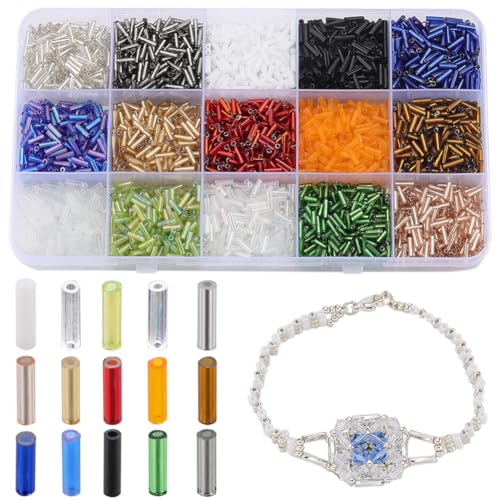 SUNNYCLUE 1 Box 2970pcs 15 Colors Glass Bugle Beads 6mm Seed Beads Bulk Small Long Round Tube Craft Loose Spacer Bead for Jewellery Making Beading Sewing Supplies DIY Necklace Bracelet Earrings Crafts