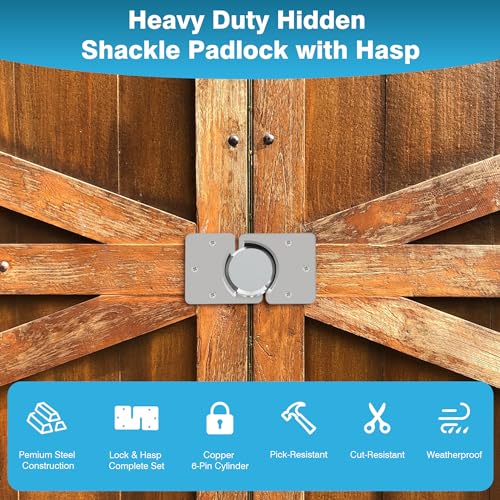 Image of IRONWALLS Hidden Shackle Padlock with Key, 2.87 inch /73mm Steel Heavy Duty Door Lock Keyed Alike with Locking Hasp, 80mm Screws, Fits for Trailers, Trucks, Vehicles, Garage, Shipping Container