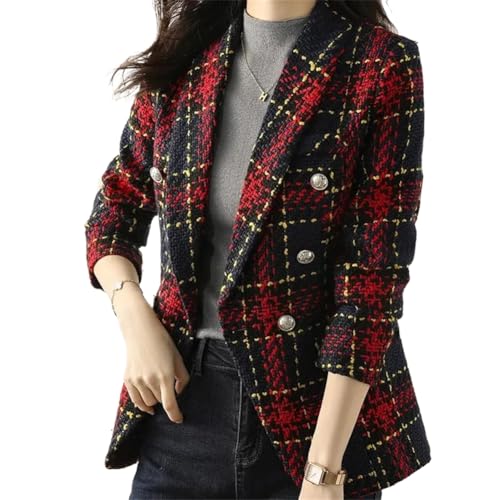 Blazer Small Women Plaid Short Suit Jacket Slim V-Neck Double Female