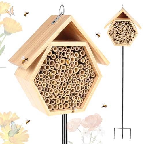 Mason Bee House for Garden, Natural Wooden Bee Habitat with Metal Ground Stake, Attracts Pollinators, Improve Garden Productivity, Outdoor Decoration